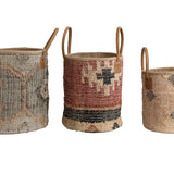Jute & Cotton Kilim Baskets with Leather Handles - 3 Sizes