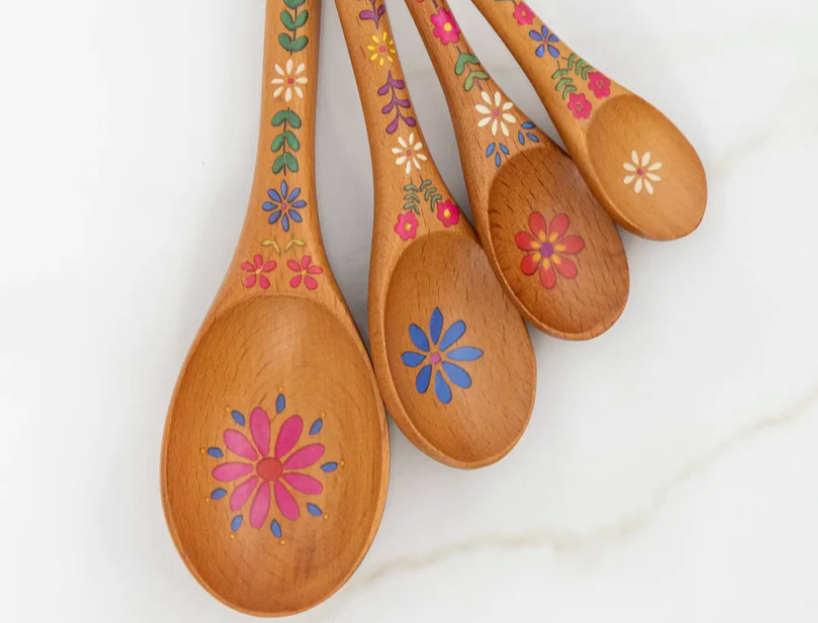 Natural Life Folk Flower Wooden Measuring Spoons, Set of 4
