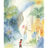 Alina Chau Watercolor - An Elephant and a Boy in Summer Rain Whimsical Art 11"x16"