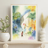 Alina Chau Watercolor - An Elephant and a Boy in Summer Rain Whimsical Art 11"x16"