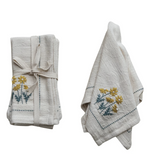 Cotton Napkins with Hand-Embroidery, Flowers & French Knots - Set of 4