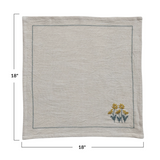 Cotton Napkins with Hand-Embroidery, Flowers & French Knots - Set of 4