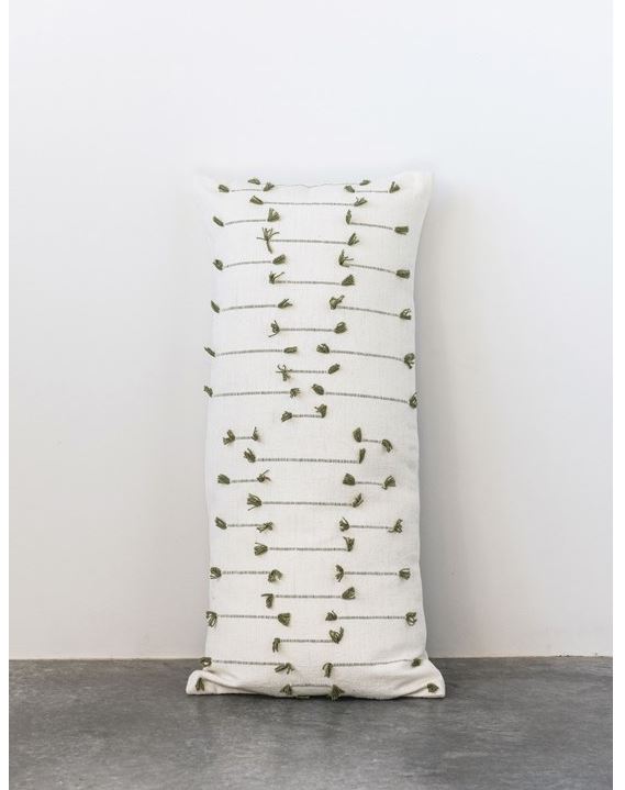 Hand-Woven Cotton Blend Lumbar Pillow with Woven Tassels, Natural & Green