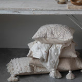 Woven Cotton Lumbar Pillow with Pom Poms