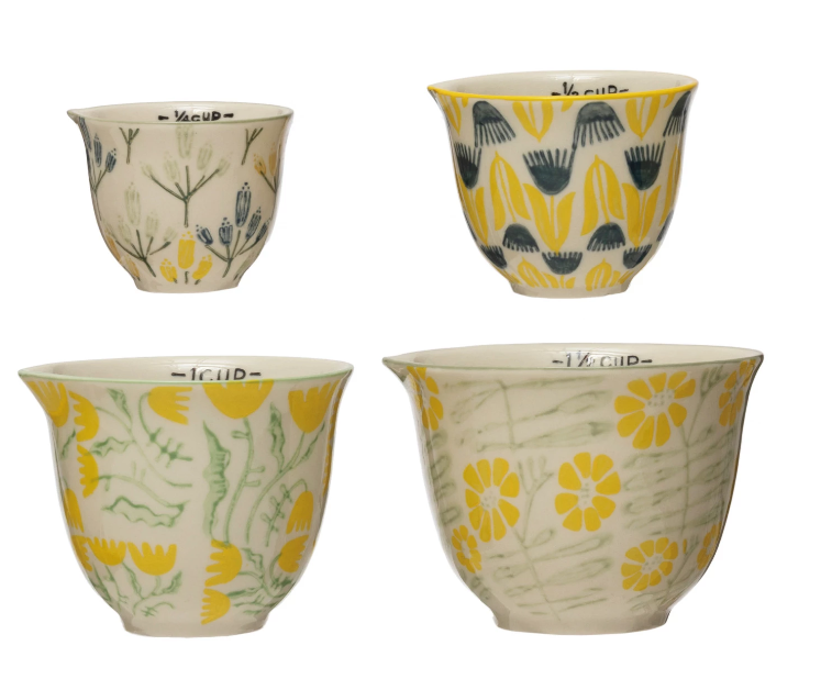 Hand-Stamped Stoneware Measuring Cups with Flowers, Set of 4