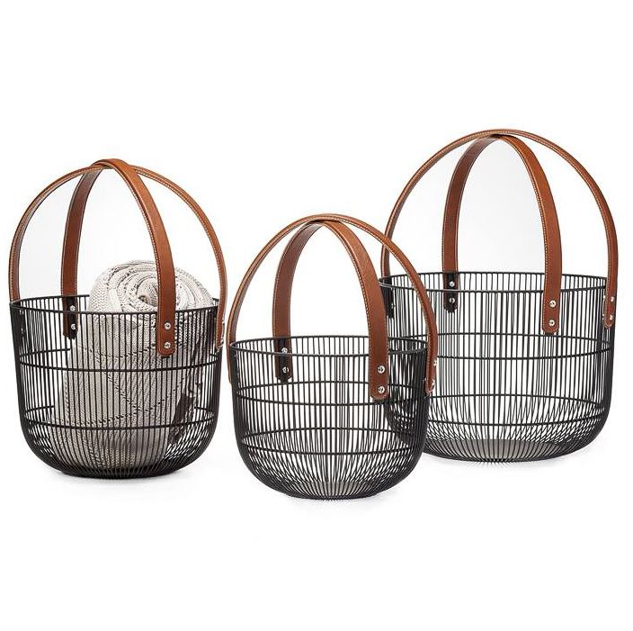 Mission Wire Faux Leather Handle Baskets - 3 Sizes
