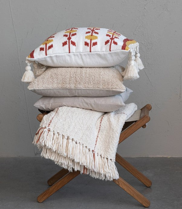 Hand-Woven Cotton & Wool Pillow with Embroidery