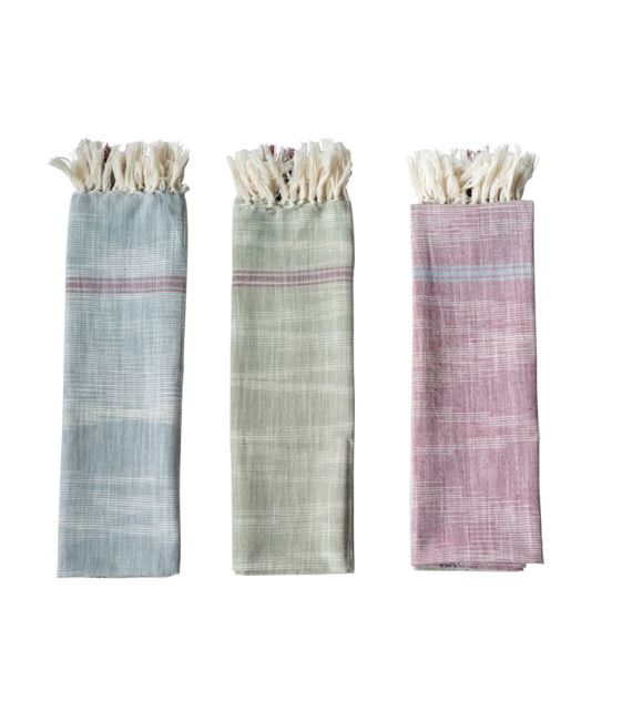 Cotton Woven Tea Towel with Stripes & Fringe