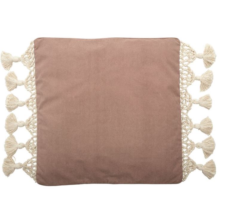 26" Square Woven Cotton Canvas Pillow with Macrame Fringe & Tassels, Rose Color