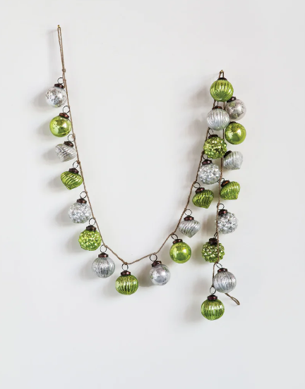 72" Green & Grey Embossed Mercury Glass Ornament Garland