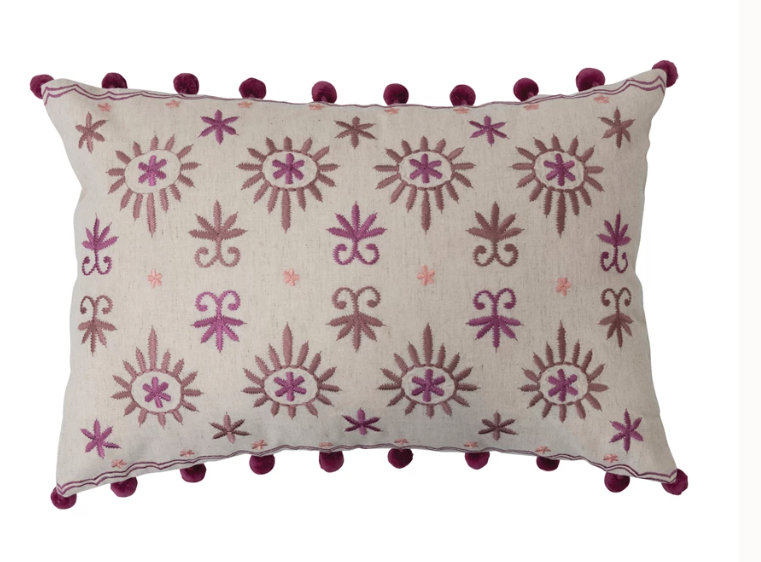 Cotton Linen Lumbar Pillow with Embroidery & Pom Poms