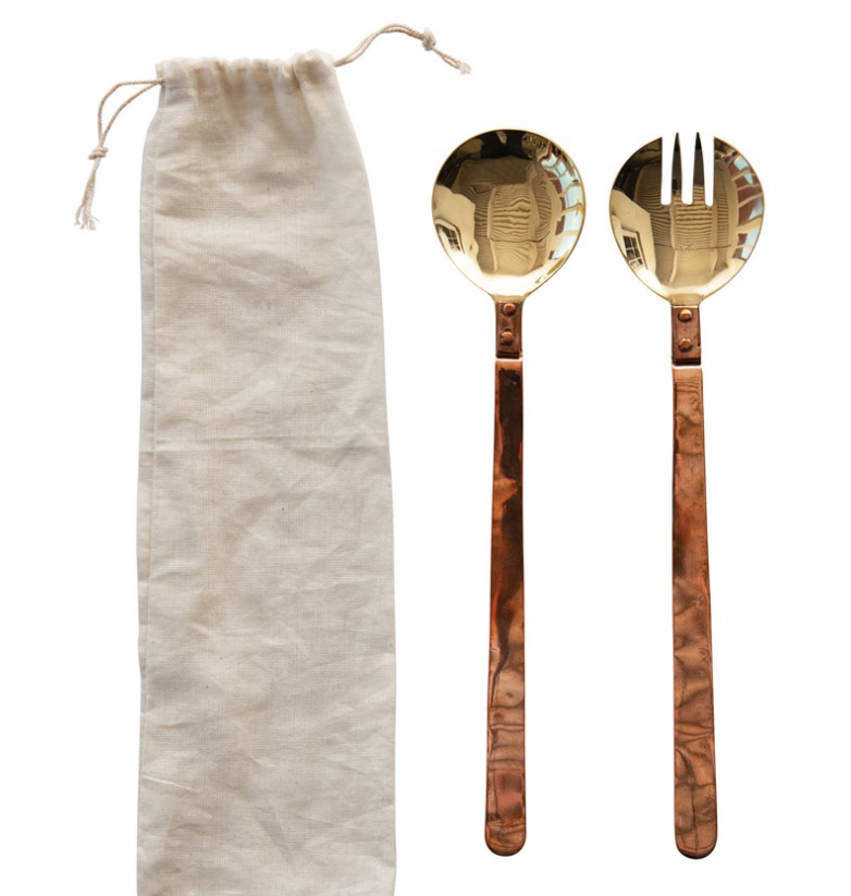 11"L Brass Salad Servers w/ Copper Handles in Drawstring Bag, Set of 2