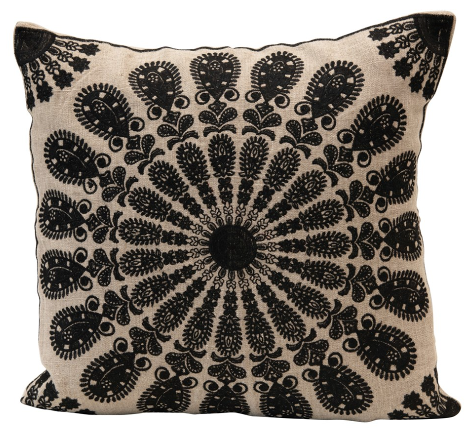 18" Square Cotton Embroidered Pillow, Natural & Black