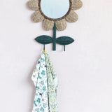 Hand-Woven Bankuan and Metal Flower Wall Mirror with 2 Hooks