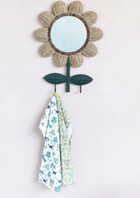 Hand-Woven Bankuan and Metal Flower Wall Mirror with 2 Hooks