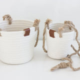 Boho Cotton Rope Hanging Planter Basket with Leather Accent - 2 Sizes