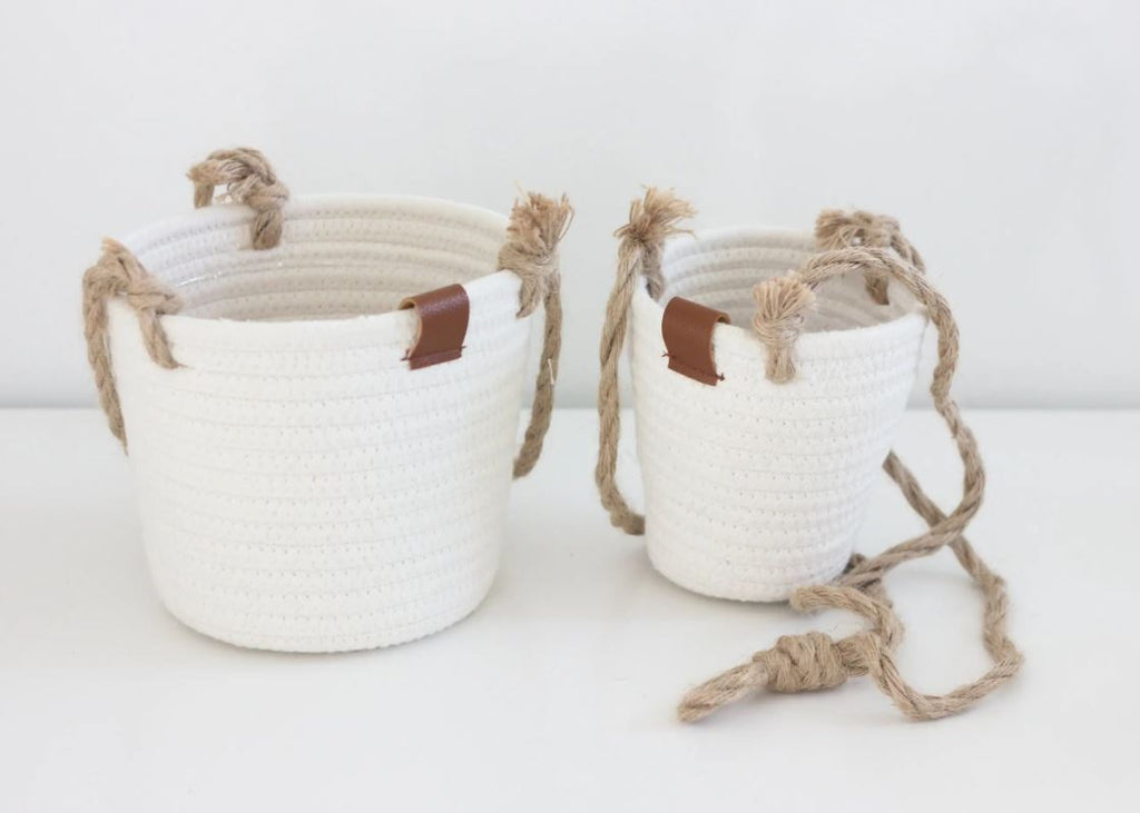 Boho Cotton Rope Hanging Planter Basket with Leather Accent - 2 Sizes