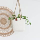 Boho Cotton Rope Hanging Planter Basket with Leather Accent - 2 Sizes