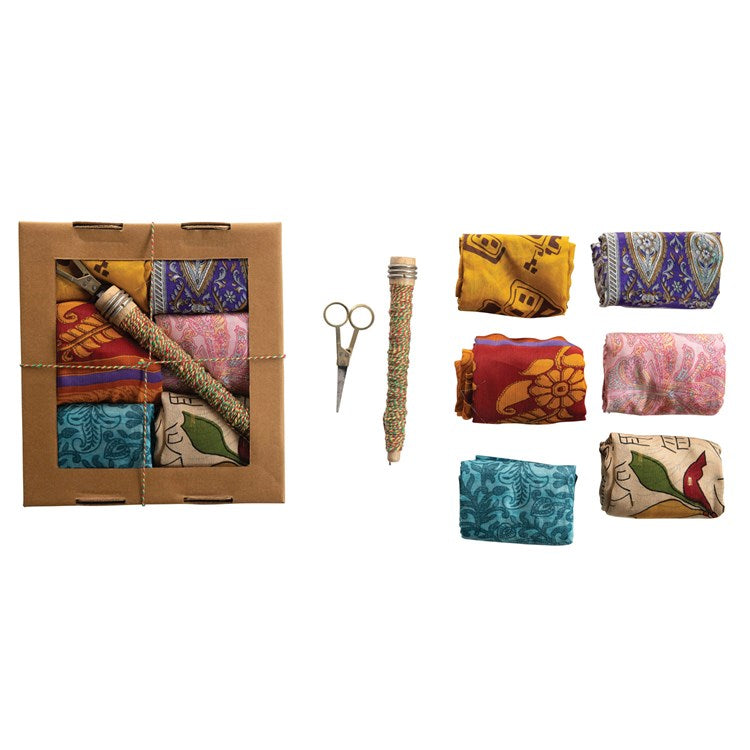 Vintage Silk Sari Fabric Gift Wrapping Kit, Boxed Set of 8