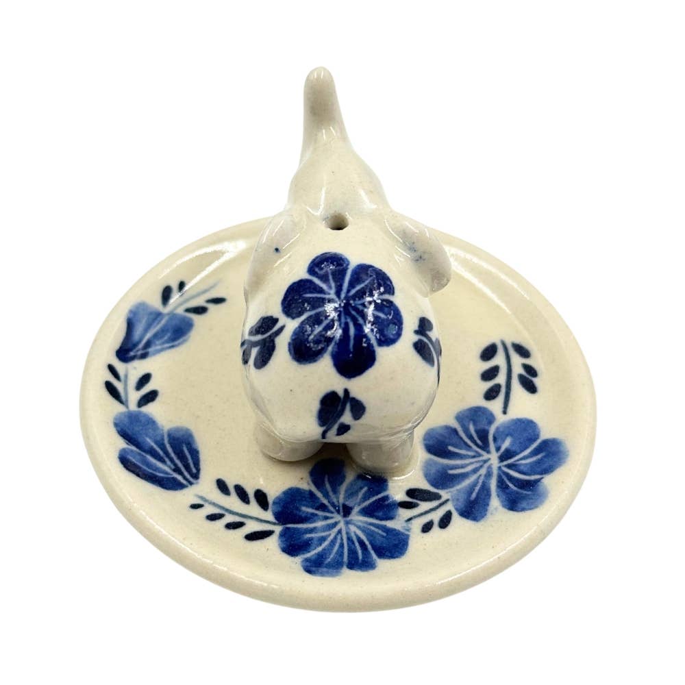 Elephant Floral on Round Ceramic Incense Holder - 2 Colors