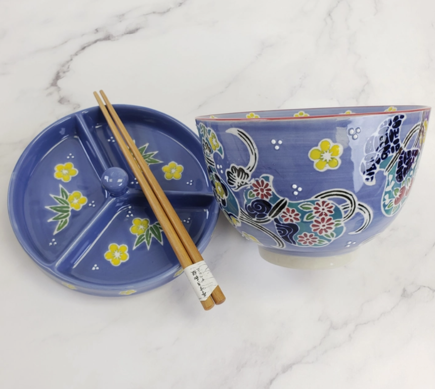 Set of 2 Ceramic Bowl with 3 Divided Lid (6") + Chopsticks - 7 Styles