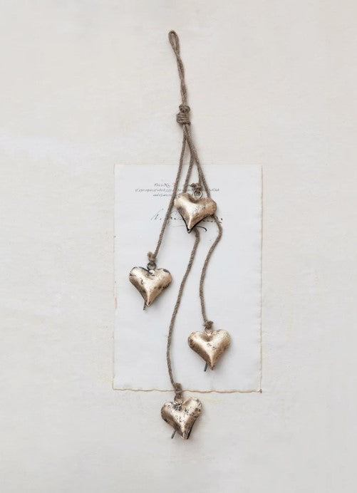 Antique Brass Finish Metal Hearts on Jute Rope
