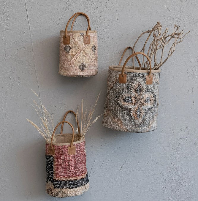 Jute & Cotton Kilim Baskets with Leather Handles - 3 Sizes