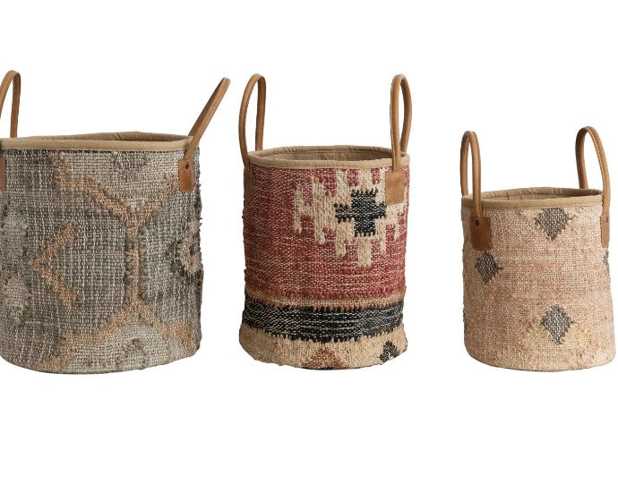 Jute & Cotton Kilim Baskets with Leather Handles - 3 Sizes