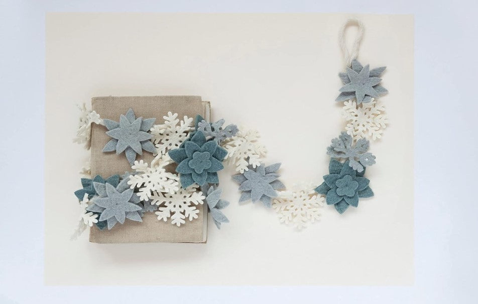 Wool Felt Garland with Snowflakes and Flowers, Light Blue and Cream