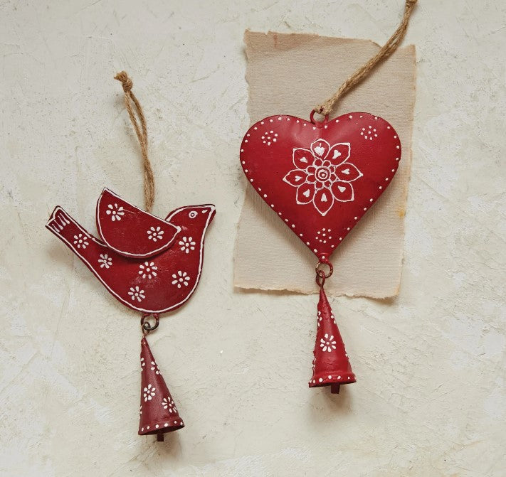 7-1/2"H Hand-Painted Metal Bird/Heart Ornament with Bell - 2 Styles