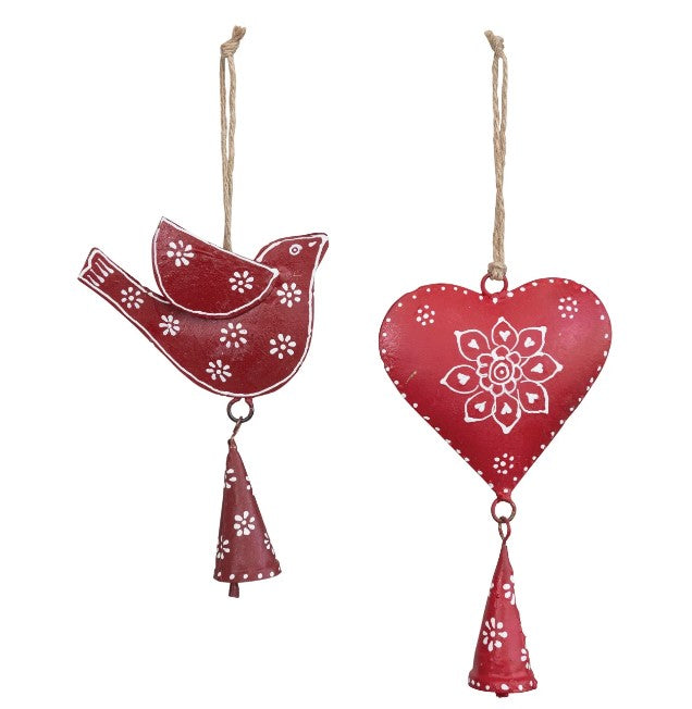 7-1/2"H Hand-Painted Metal Bird/Heart Ornament with Bell - 2 Styles
