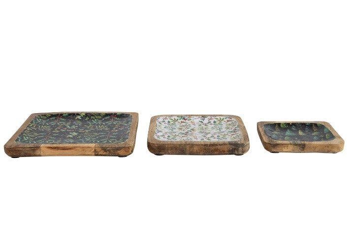 Enameled Mango Wood Trays with Evergreen Botanicals - 3 Styles/Sizes