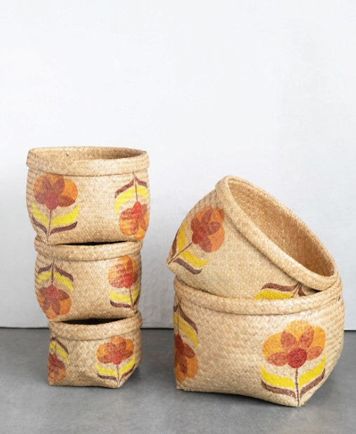 Hand-Woven Seagrass Baskets with Floral Design - 5 Sizes