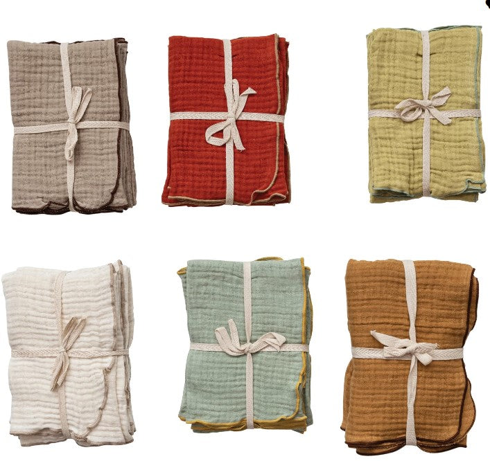 Set of 4 Woven Cotton Double Cloth Napkins w/ Contrasting Stitched Edge - 6 Colors