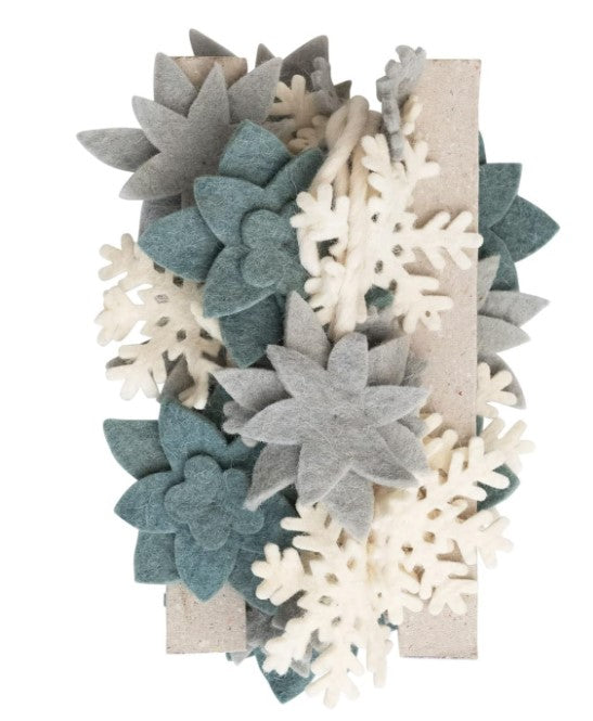 Wool Felt Garland with Snowflakes and Flowers, Light Blue and Cream
