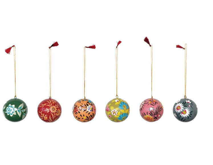 3" Round Hand-Painted Paper Mache Ball Ornament with Florals - 6 Styles