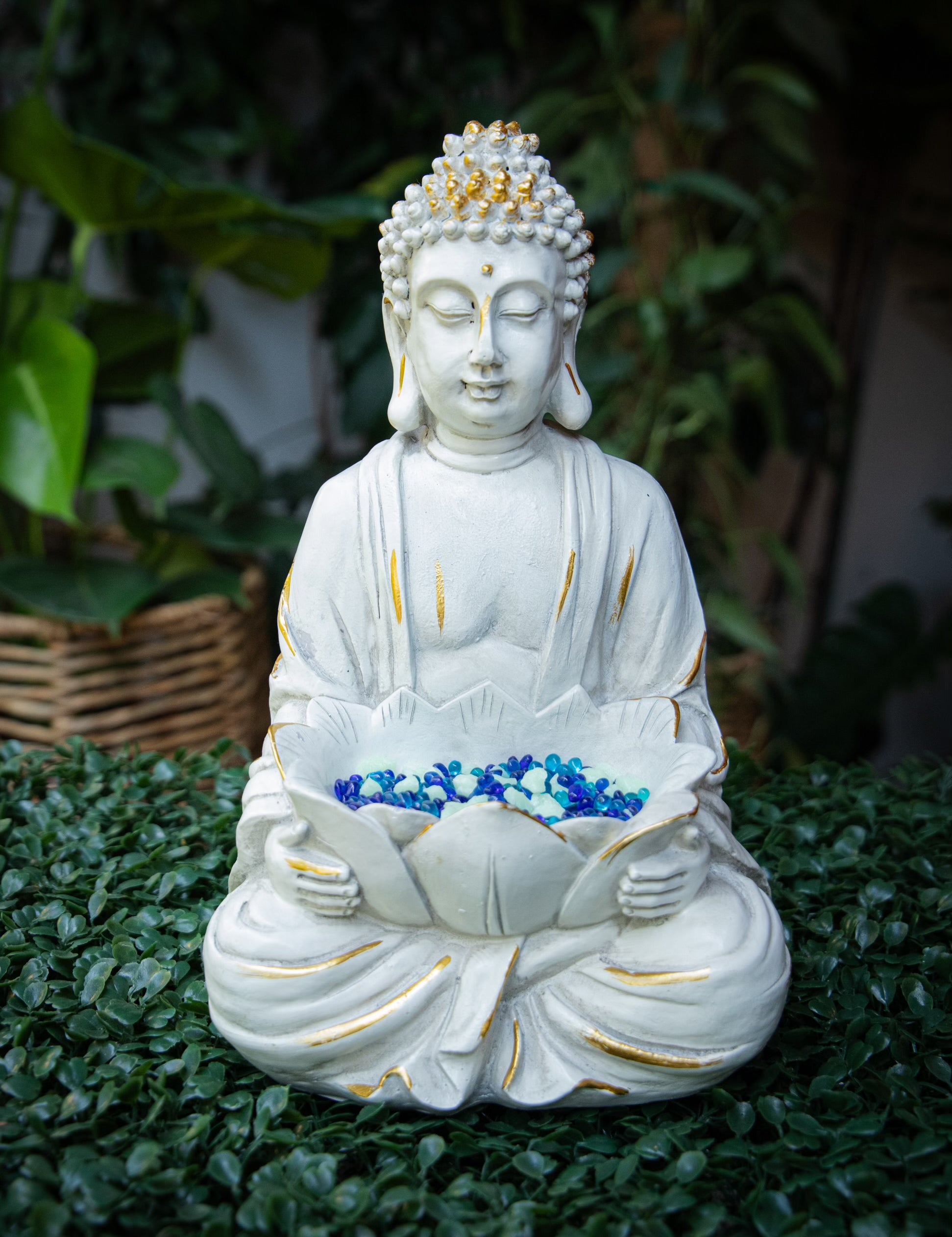 Meditating Buddha Statue with Lotus Bowl