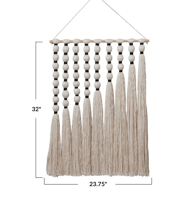 Natural & Black Cotton Tassel Wall Hanging with Wood Hanger