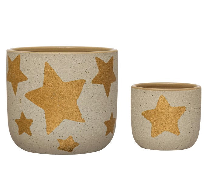 Stoneware Planter with Gold Star, Cream Color Speckled - 2 Sizes