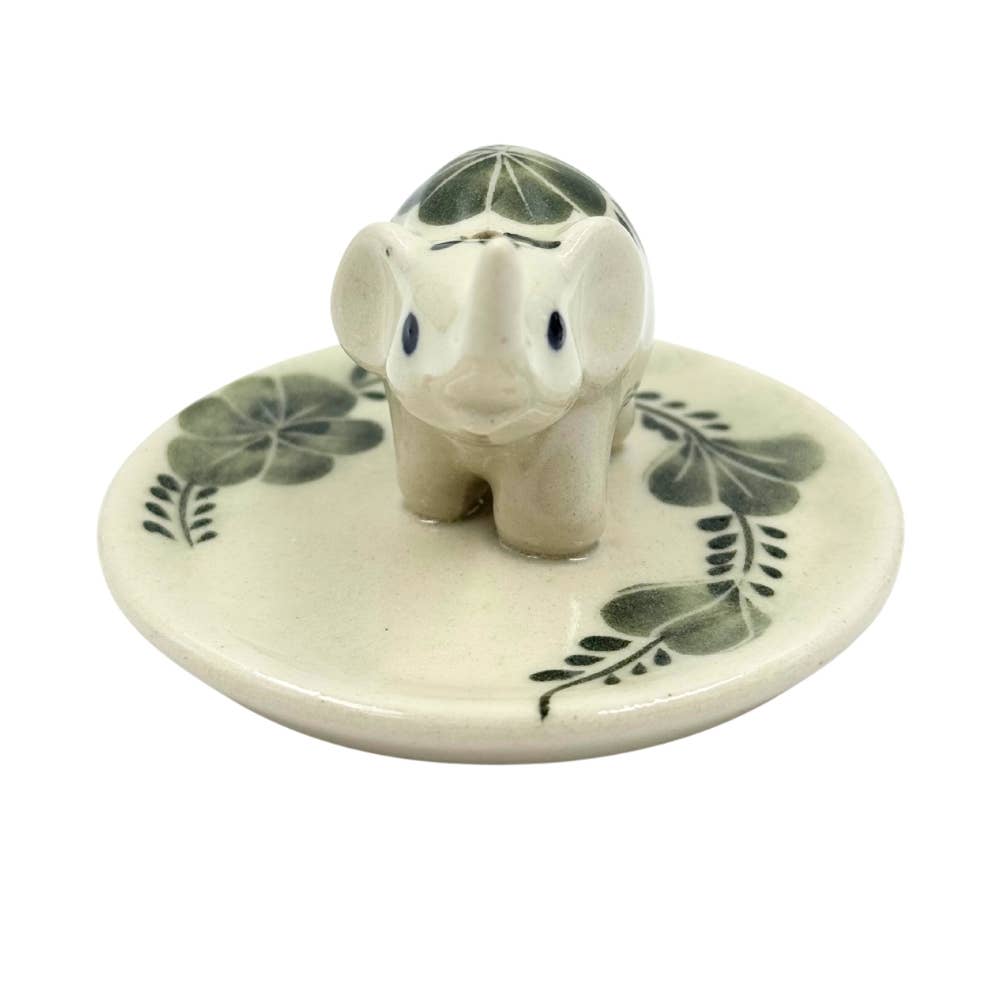 Elephant Floral on Round Ceramic Incense Holder - 2 Colors