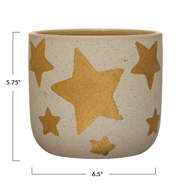 Stoneware Planter with Gold Star, Cream Color Speckled - 2 Sizes