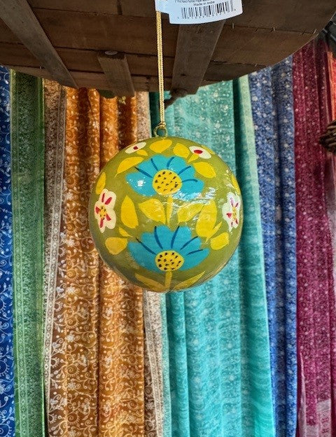 3" Round Hand-Painted Paper Mache Ball Ornament with Florals - 6 Styles