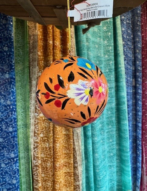 3" Round Hand-Painted Paper Mache Ball Ornament with Florals - 6 Styles