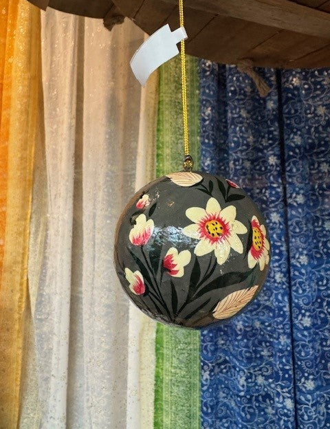 3" Round Hand-Painted Paper Mache Ball Ornament with Florals - 6 Styles