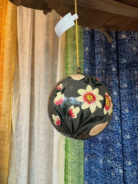 3" Round Hand-Painted Paper Mache Ball Ornament with Florals - 6 Styles