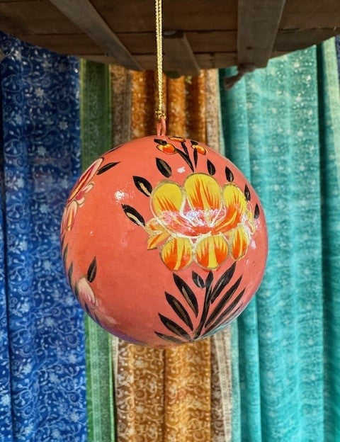 3" Round Hand-Painted Paper Mache Ball Ornament with Florals - 6 Styles