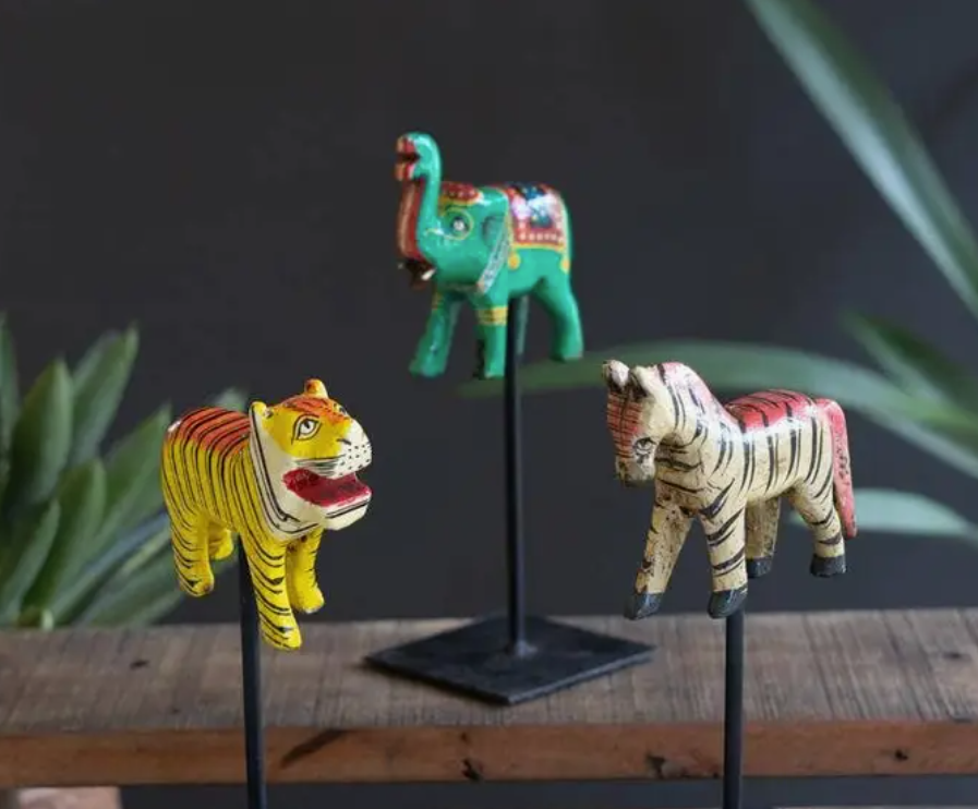 Painted Wooden Animals On Metal Stands