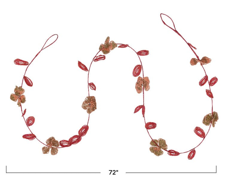 72"L Pink Glass Bead Wired Leaves & Flowers Garland