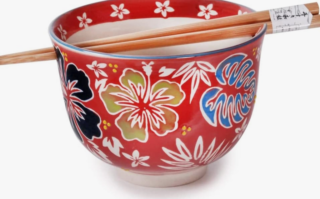 Set of 2 Japanese Design Rice Bowl (5") with Chopsticks (8") - 2 Styles