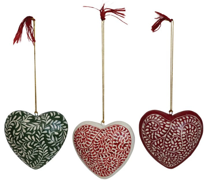 3-1/2"H Hand-Painted Paper Mache Heart Ornament  - 3 Colors